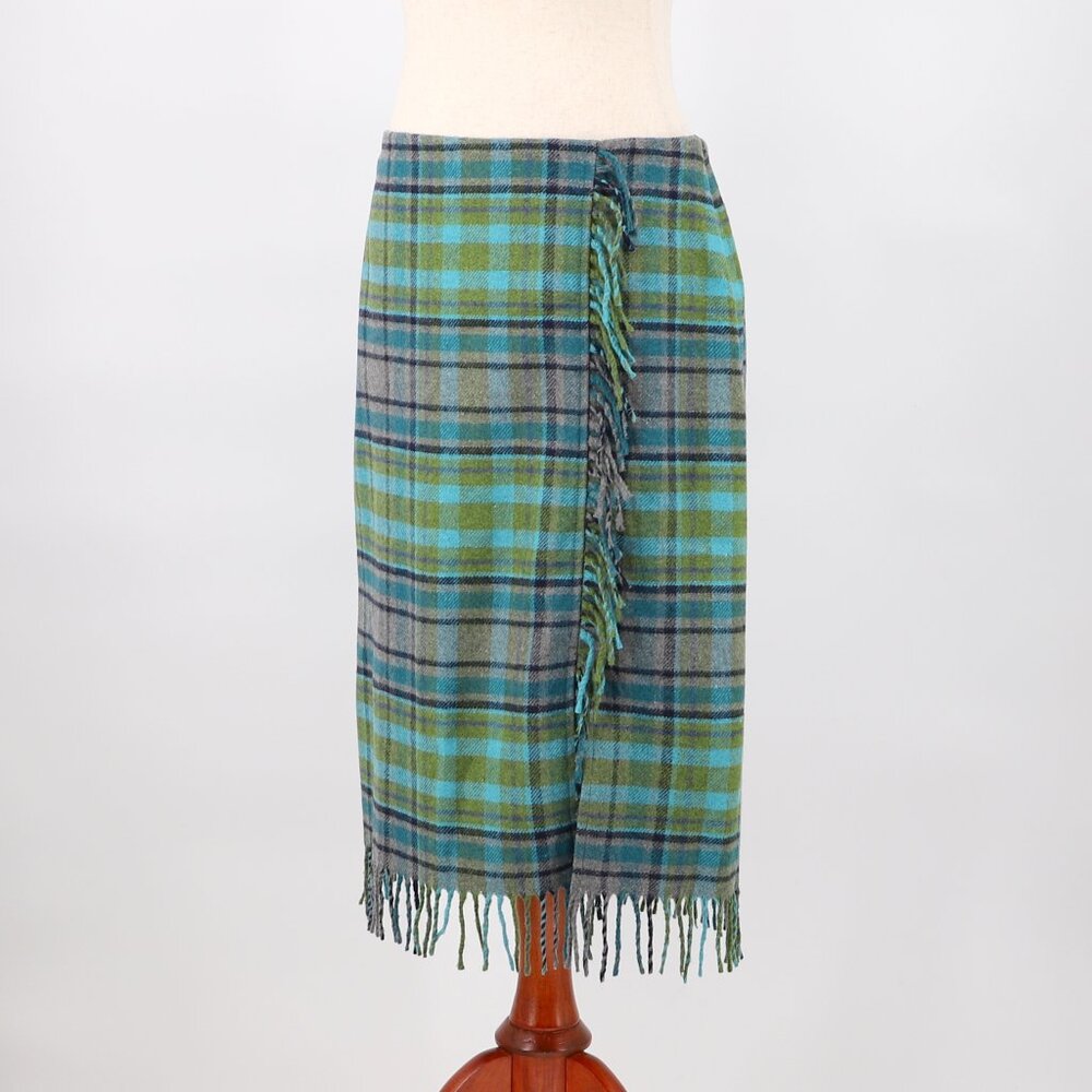 NWT J.JILL Fringe Faux Wrap Plaid Wool Blend Midi Skirt Blue Green Size …